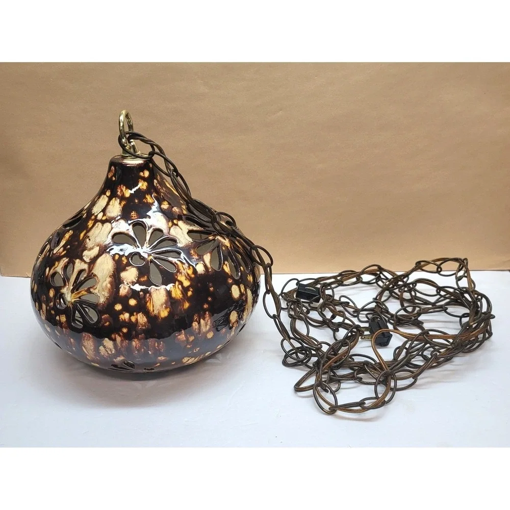 Vintage Handmade Ceramic Swag Lamp Brown‎ Drip Glaze Floral Cutout Pendant Light